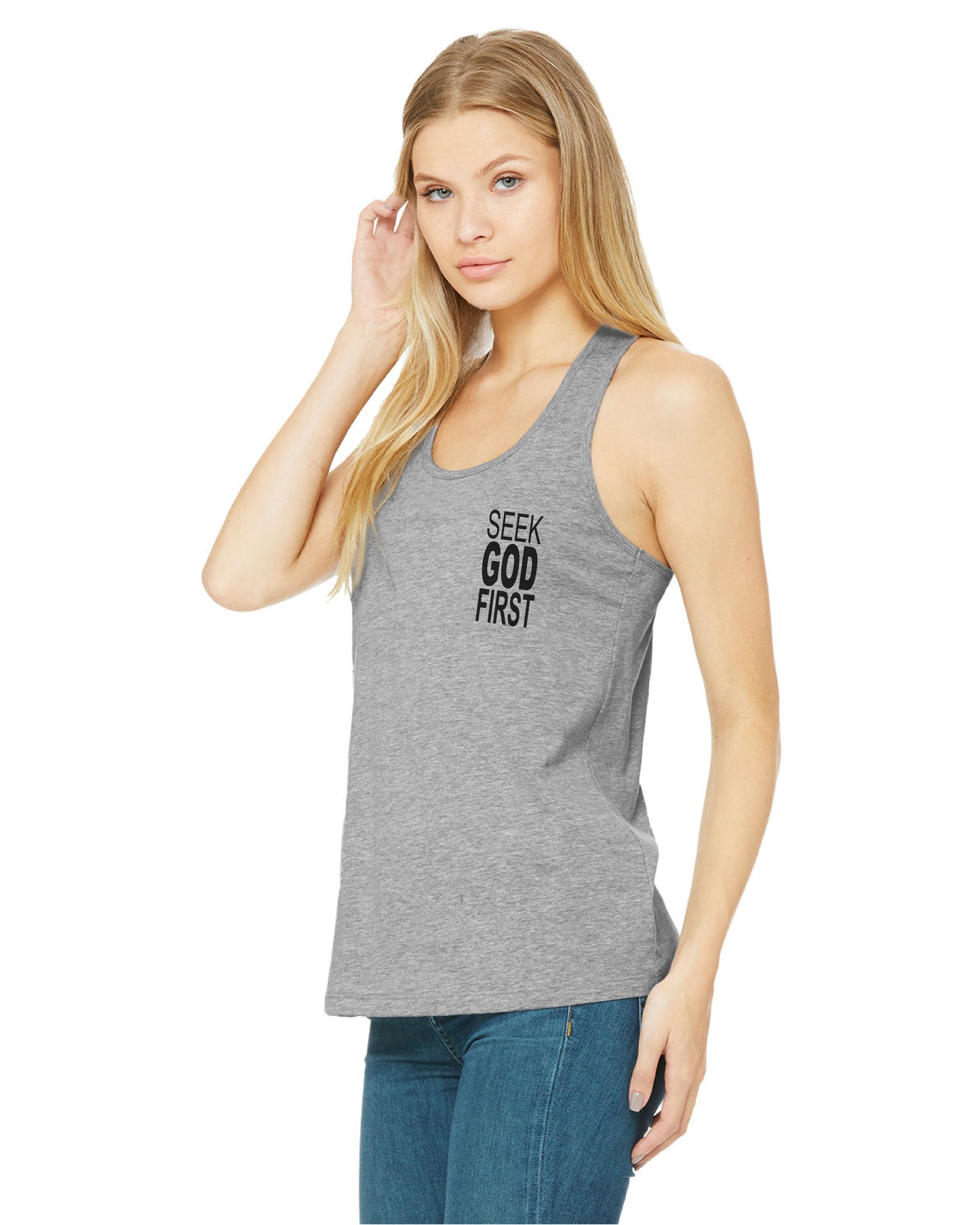 Ladies' Jersey Racerback Tank SEEK GOD FIRST