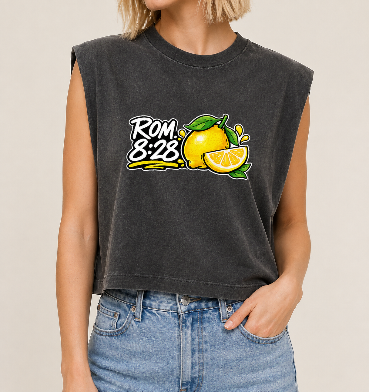 Romans 8:28 Lemon Cropped Muscle Tee