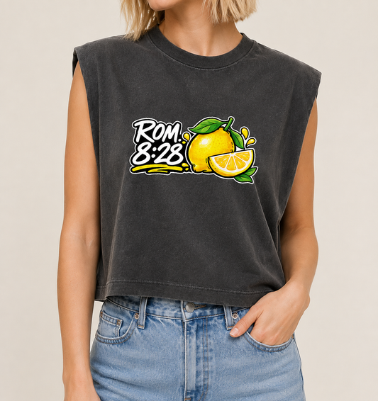 Romans 8:28 Lemon Cropped Muscle Tee