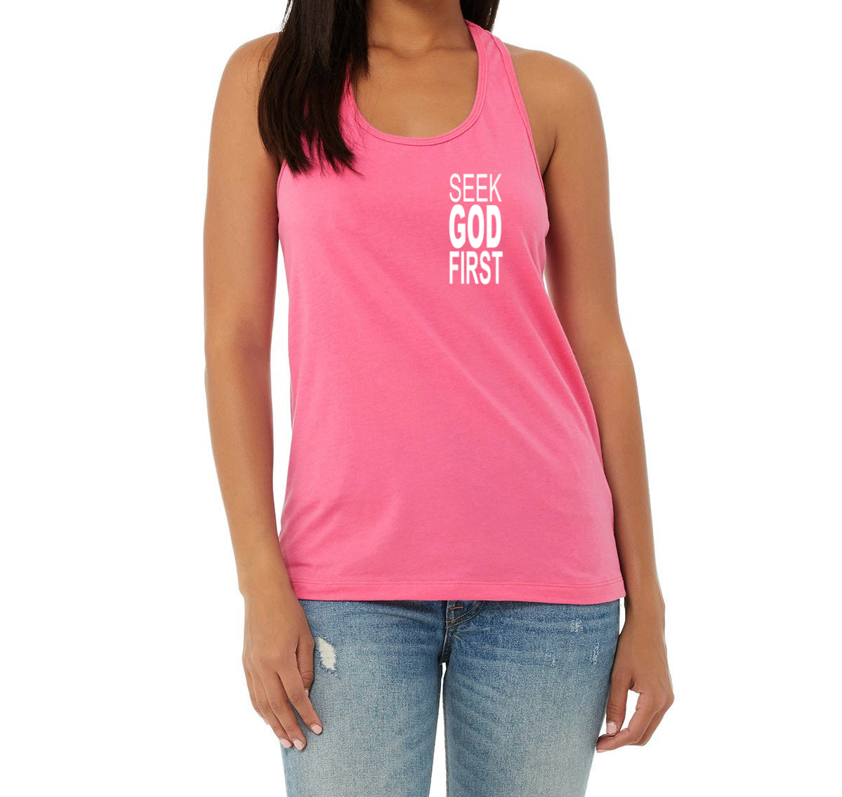 Ladies' Jersey Racerback Tank SEEK GOD FIRST