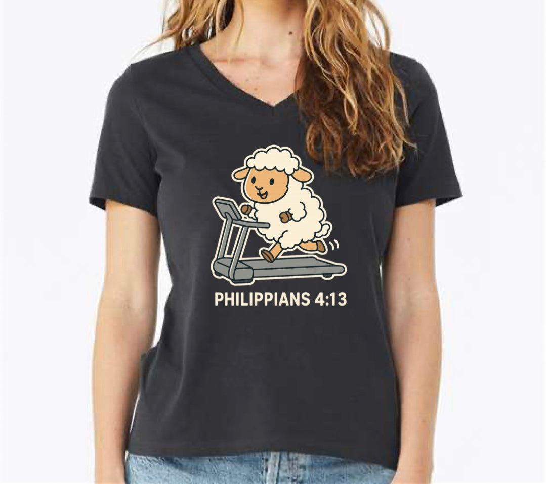 Philippians 4:13 Little sheep on the treadmill Cotton VNeck shirt