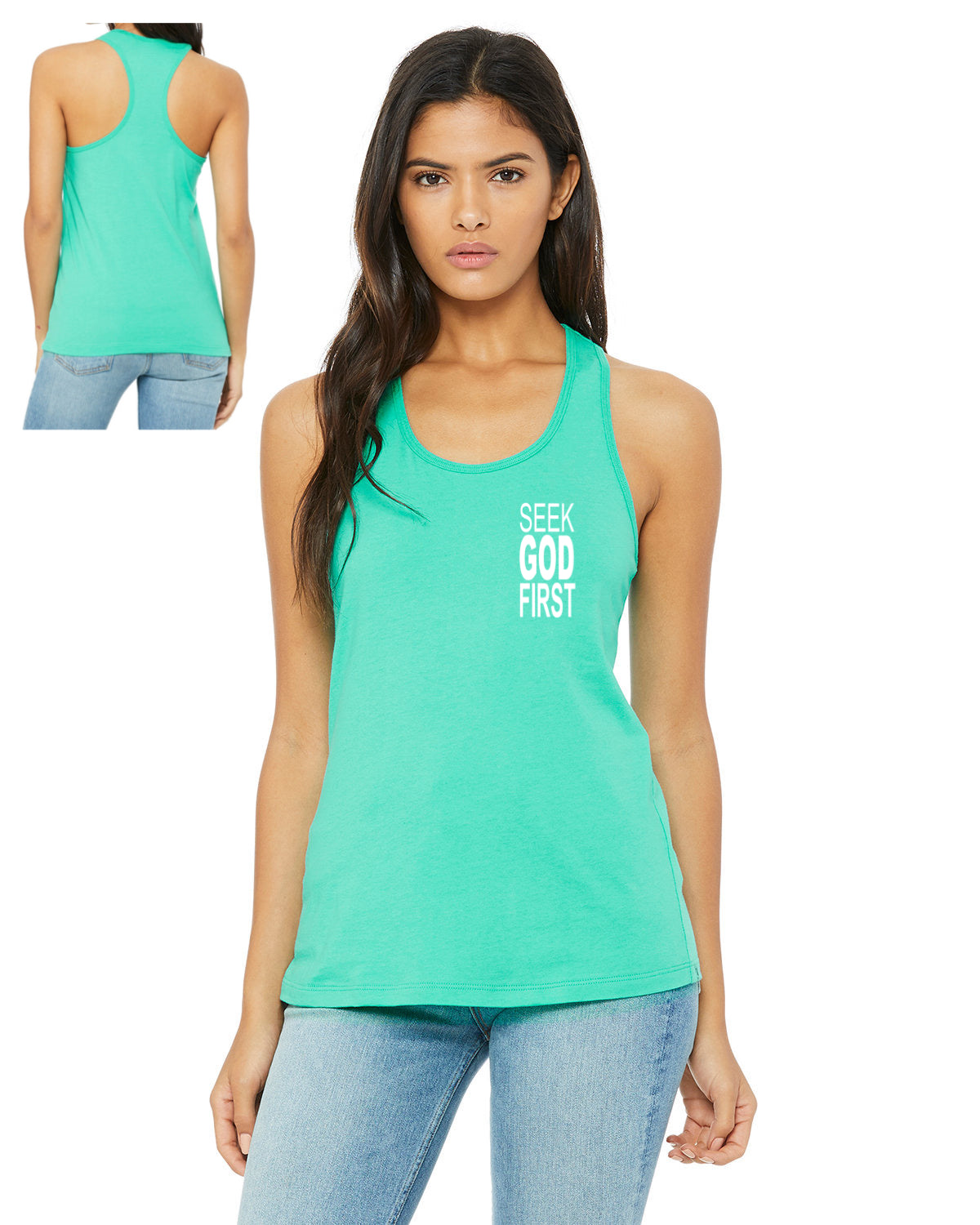 Ladies' Jersey Racerback Tank SEEK GOD FIRST